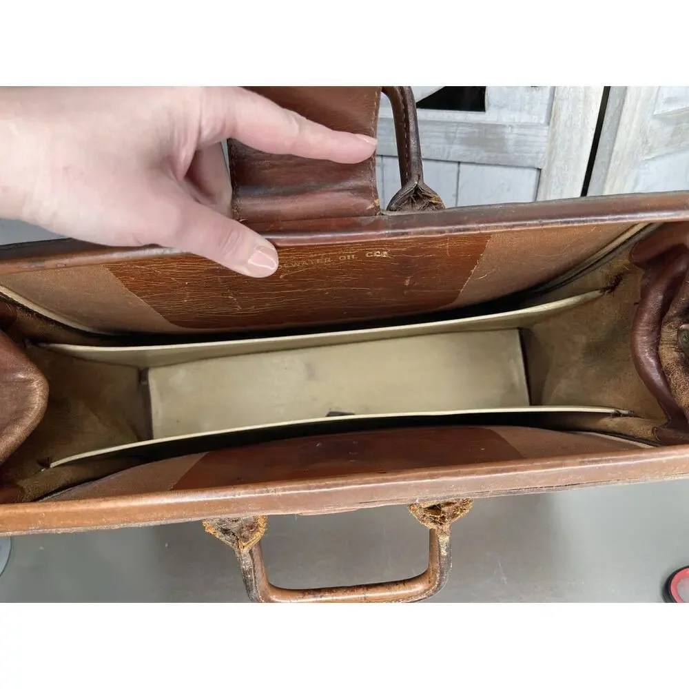 Vintage Leather Briefcase Top Handle Brown Buckle Closure Tidewater Oil Company